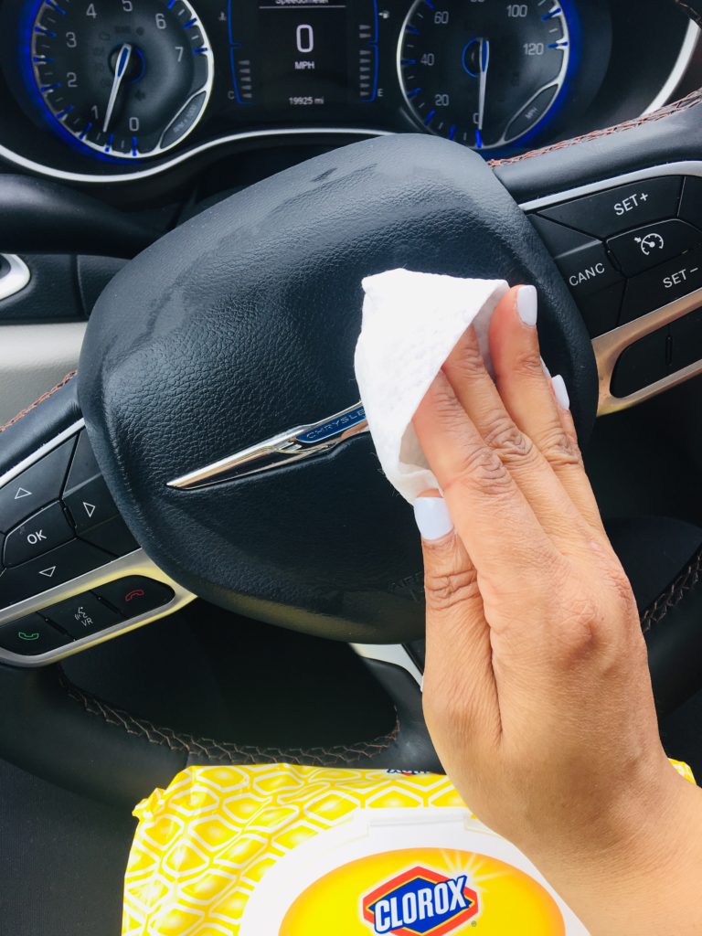 Clorox wipe on steering wheel